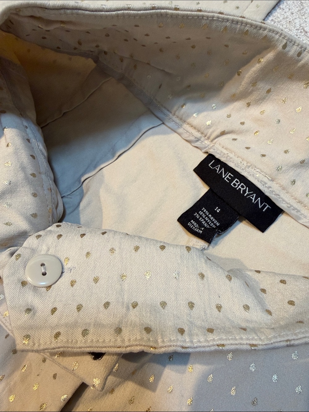 Lane Bryant Cream Ankle Pants with Metallic Gold Dot Pattern - Picture 2 of 6